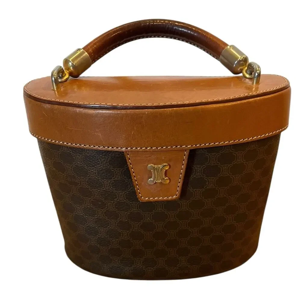 CELINE Brown Leather Satchel Purse bag Top Handle Vanity Macadam Vintage